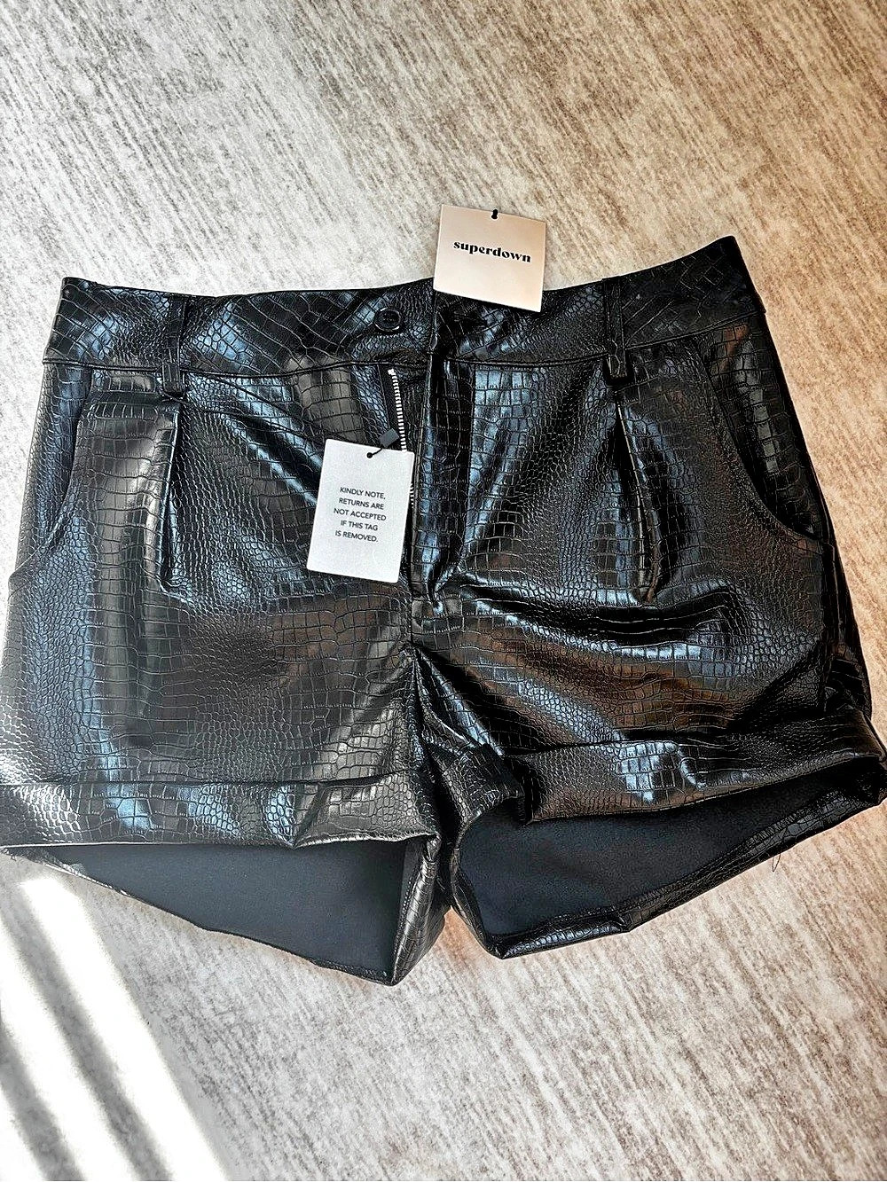 superdown Crocodile Embossed High Waist Shorts in Black Size Medium